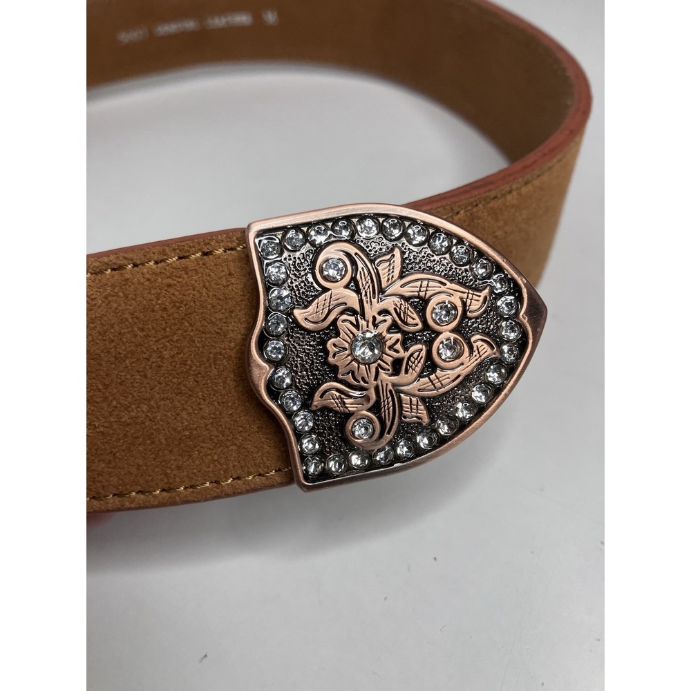Women's Western Copper Rhinestone Chunky Bling Genuine Leather Brown Belt Medium - Picture 3 of 6